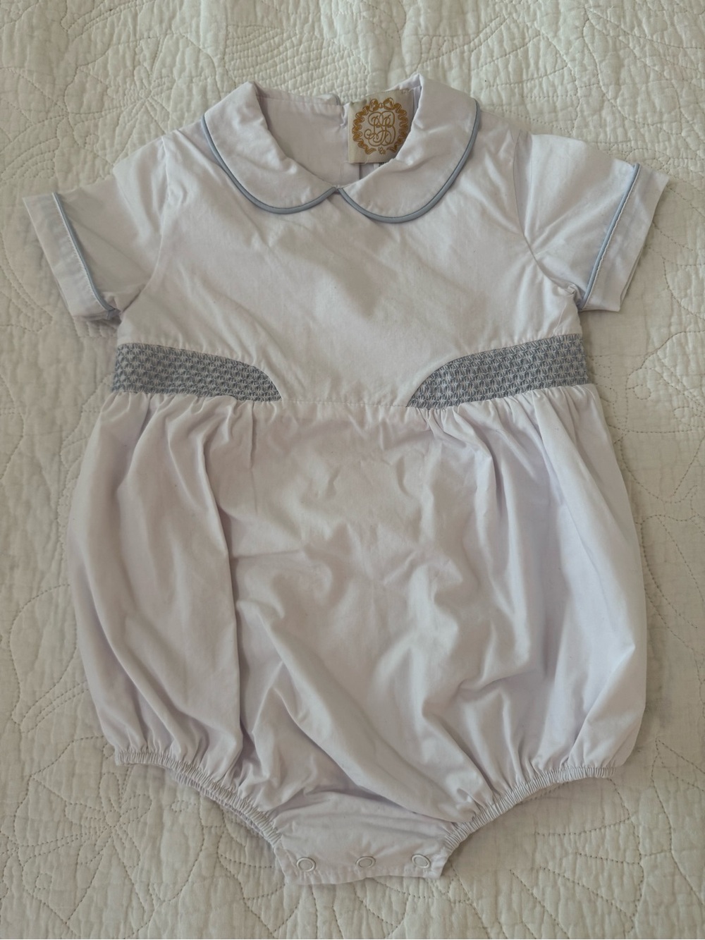 The Beaufort Bonnet Company White Baby One-Piece with Light Gray Smocking